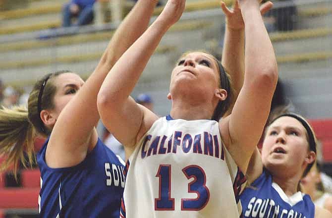 Kelsey Roush of California goes up for a shot during Saturday's game against South Callaway in the Missouri National Guard Shootout at Fleming Fieldhouse.