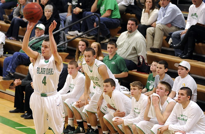Blair Oaks' Brett Voss rises for one of his nine 3-pointers Friday night in a 73-50 win against Warsaw in Wardsville.