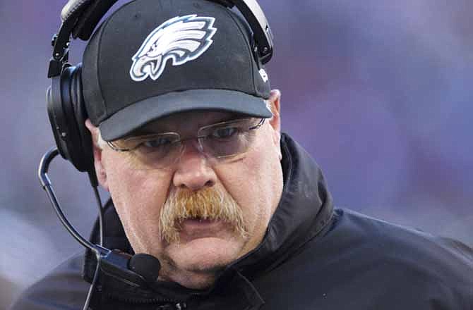 Philadelphia Eagles head coach Andy Reid during the first half of an NFL football game against the New York Giants Sunday, Dec. 30, 2012 in East Rutherford, N.J. Reid has been hired by the Kansas City Chiefs, following his dismissal after 14 seasons coaching the Eagles.