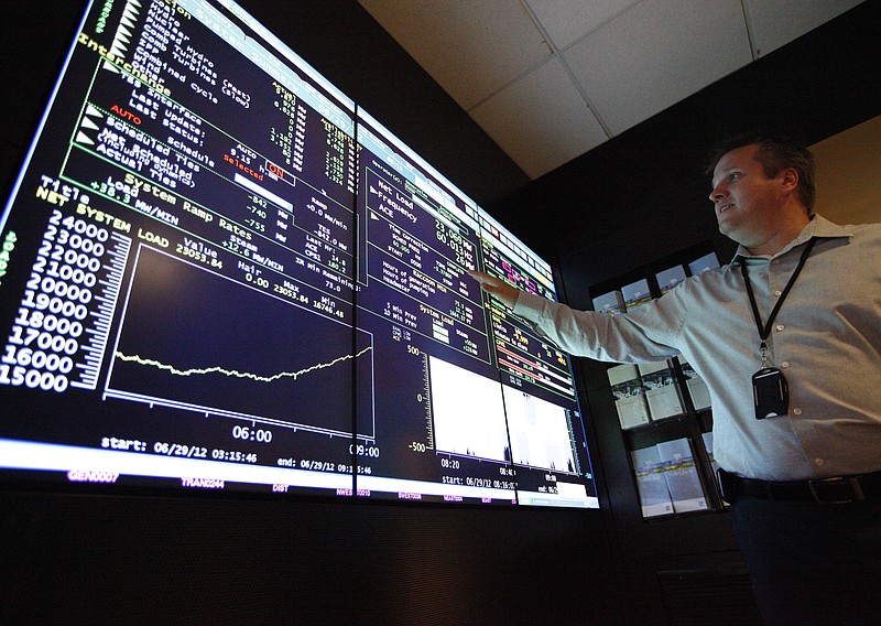 Senior program manager Scott Walker points to a computer display showing power usage and availability in the Tennessee Valley Authority System Operations Center at TVA headquarters in Chattanooga, Tenn. A TVA official said the utility was equal to the air conditioning load. 2012 was 3.2 degrees warmer than the average for the entire 20th century. Last July was the also the hottest month on record.
