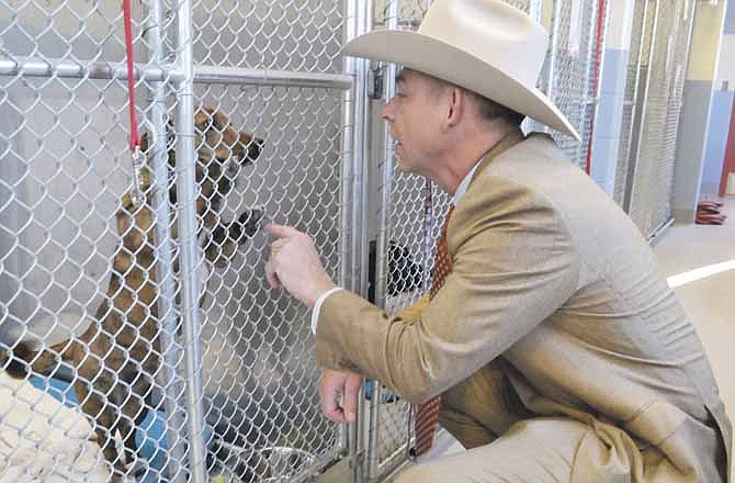 Jon Hagler, director of the Missouri Department of Agriculture, says hello to Oliver, a mixed breed dog, as he tours the Jefferson City Animal Shelter Tuesday to promote the Pet Spay and Neuter Grants program, offered to Missouri's animal shelters, rescue groups and non-profit organizations who provide those services.