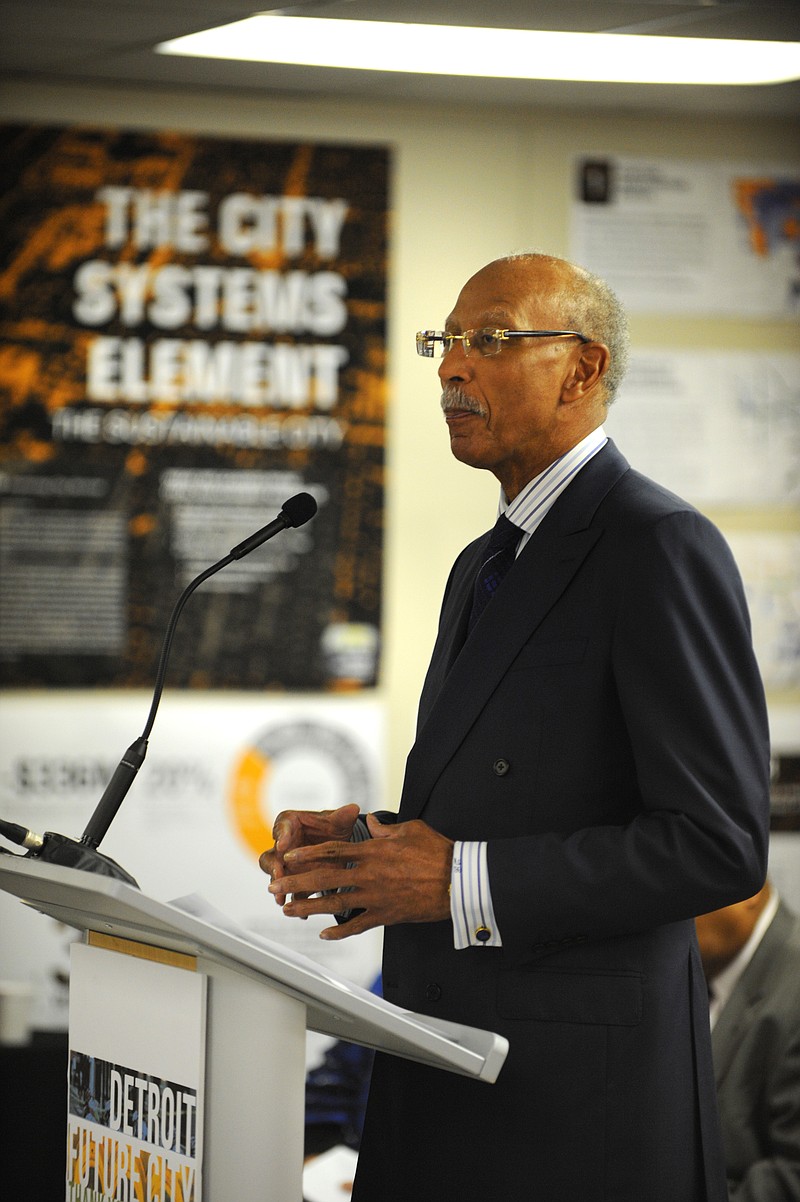Detroit Mayor Dave Bing speaks during a new conference announcing a framework for future decision making titled "Detroit Future City" at the DWPLTP Homebase on Wednesday.
