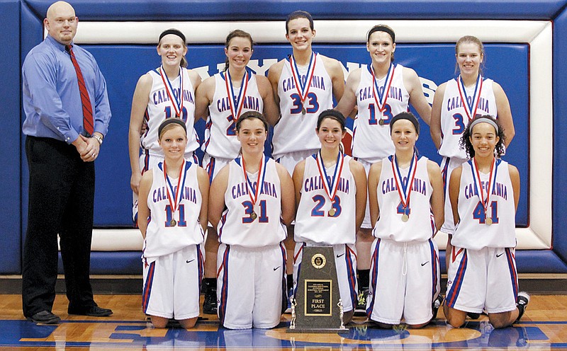 The California Lady Pintos (12-2) defeated Fulton, Southern Boone and Moberly to secure the California 19th Annual Girls Basketball Tournament championship Saturday. Members of the team, front row, from left, are Morgan Henley, Rylee Glenn, Kamryn Koetting, Ashtyn Goans and Jasmine Wells; back row, Head Coach Bobby Sangster, Meleigha Caudel, Caitlin Meyer, Sydney Deeken, Kelsey Roush and Mara Caudel. 