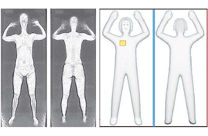 These two sets of images provided by the Transportation Security Administration are samples that show details of what TSA officers see on computer monitors when passengers pass through airport body scanners. At left are two images using backscatter advanced image X-ray technology from the huge scanners that were introduced in 2010 at O'Hare International Airport in Chicago and other airports. At right are images from new scanners using new millimeter wave technology that produces a cartoon-like outline rather than naked images of passengers produced by using X-rays. Those airport scanners with their all-too revealing body images will soon be going away. 