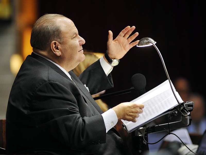 Chief Justice Richard Teitelman acknowledges a guest to whom he referred during the annual State of the Judiciary speech on Wednesday morning, Jan. 23, 2013 at a joint session of Missouri's House of Representatives and Senate.