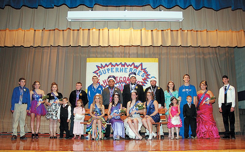 Members of the 2013 Jamestown Homecoming Court, front row, from left, are escorts Luke Baepler and Patience Moad, 2012 Princess Alli Muri, 2013 Princess Jordan Oerly, 2013 Queen Kellie Branham, 2012 Queen Morgan Imhoff, and escorts Kinleagh Monroe and Connor Gorman; back row, seventh grade candidates Ben Imhoff and Sierra Cooper, eighth grade candidates Shelby Stone and Austin Maslen, 2012 Prince Trevor Barbour, 2013 Prince Stephen LaFramboise, 2013 King Kellan Flippin, 2012 King Chad Cook, Flippin's escort Robyn Eschenbrenner, junior candidate Alden Rohrbach, and sophomore candidates Dezaree Curtis and Andrew Couch. 