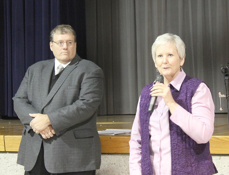 South Callaway R-II Schools Superintendent Mary Lynn Battles introduces her successor, Kevin Hillman, at an introductory meeting Monday afternoon. Hillman will take over when Battles - who has been with the district for four years - retires at the end of June.