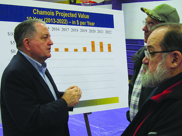 Don Shaw, CEO and general manager of Central Electric Power Co-op, speaks to Chamois community members about the Chamois Power Plant's projected value.