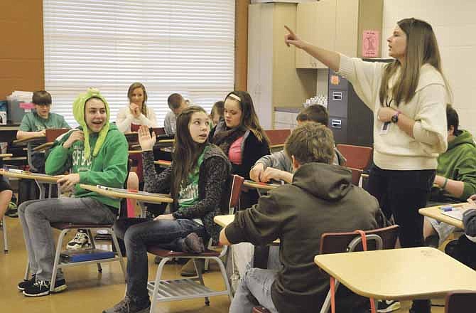 Kathleen Corbin, Blair Oaks Middle School math teacher, works with her students Thursday. She and other teachers are participants in an evaluation pilot program through the Missouri Department of Elementary and Secondary Education.
