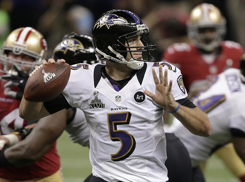 Baltimore Ravens quarterback Joe Flacco (5) passes against the San Francisco 49ers during the first half of NFL Super Bowl XLVII football game, Sunday, Feb. 3, 2013, in New Orleans.