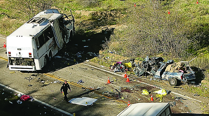 Investigators continue to work the scene of a bus crash that happened overnight on Highway 38 that killed seven people on Monday.