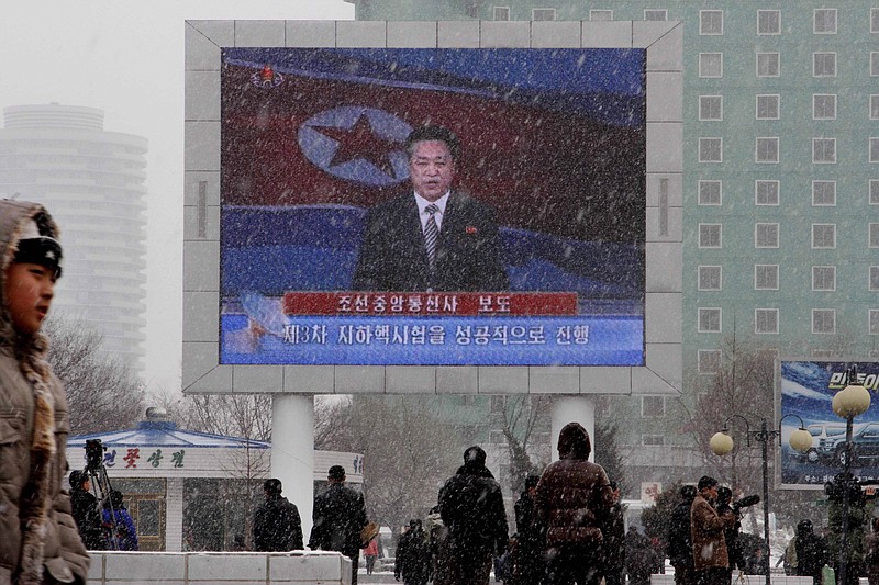 On a large television screen in front of Pyongyang's railway station, a North Korean state television broadcaster announces the news that North Korea conducted a nuclear test Tuesday. North Korea conducted a nuclear test at an underground site in the remote northeast Tuesday, taking an important step toward its goal of building a bomb small enough to be fitted on a missile that could reach United States. 