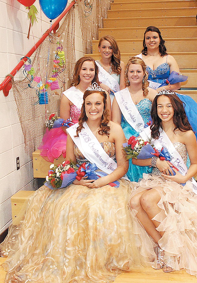Crowned the 2013 California High School Courtwarming Queen and Princess Friday night at the coronation, front row, from left, are Ana Strickfaden and Jasmine Wells. Seated behind are, middle row, princess candidate Caitlin Meyer and queen candidate Taylor Walters; and back row, princess candidate Renee Roberts and queen candidate Ellie Hamilton.