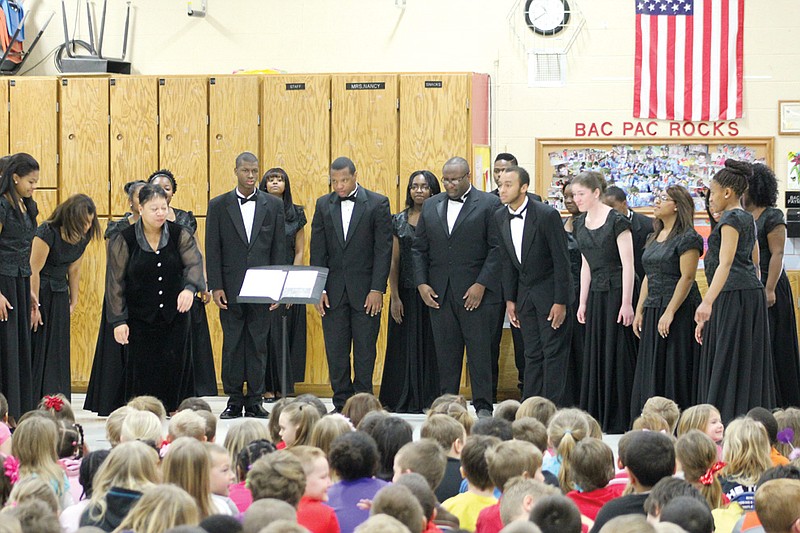 Bush Elementary School students enjoyed a break from class Thursday to learn about black history through listening. Bush, McIntire and Bartley schools were visited by the Lincoln University Ensemble Singers Thursday morning, who performed a number of traditional folk songs. The trip to Bush was also a return home for ensemble singer Kayla Fowler, who herself had attended the school.