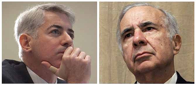 This photo combo of file photos shows Bill Ackman, left, of Pershing Square Capital Management, on Feb. 6, 2012, in Toronto, and financier Carl Icahn, on Feb. 7, 2006, in New York. 