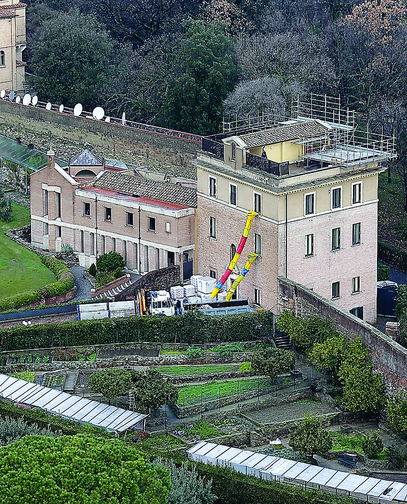 A view of the Mater Ecclesiae convent previously occupied by cloistered nuns, where renovation works for the retired pope arrival continue. As the Catholic world reeled from shock with the resignation announcement, it soon became clear that Benedict's post-papacy lodgings have been under construction since at least the fall. LEFT: Pope Benedict XVI wears a Mexican sombrero in Leon, Mexico, on March 25, 2012. Benedict hit his head and bled when he got up in the middle of the night in an unfamiliar bedroom during the trip.