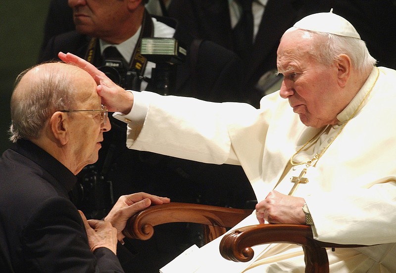 Pope John Paul II gives his blessing to father Marcial Maciel, founder of the Legion of Christ, in November 2004 during a special audience at the Vatican. Following a decision Thursday, by the Rhode Island Supreme Court, documents have been unsealed related to a lawsuit contesting the will of Gabrielle Mee, who left $60 million to the Legion.