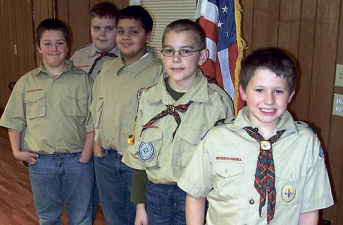 Members of the Webelos II den, who will cross over into Boy Scout Troop 96 at the Blue and Gold Banquet on Feb. 23, include Cooper Basnett, 10; Ryan Colter, 11; Skyler Smith, 11; Brandon Zumwalt, 10; and Justin Schrimpf, 10. 