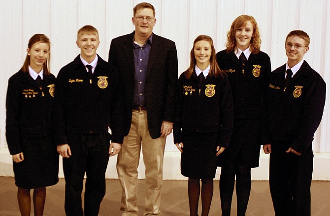 The Russellville High School FFA Chapter attended an institute held in Chilicothe earlier this month where students learned techniques for successful public speaking and tips for interviews. Students from Cole County R-1 School who attended include, from left, Grace Young, Devin Koestner, former National Officer Andrew McCrea, Taylor Young, Elizabeth Wyss and Caleb Nichols. 