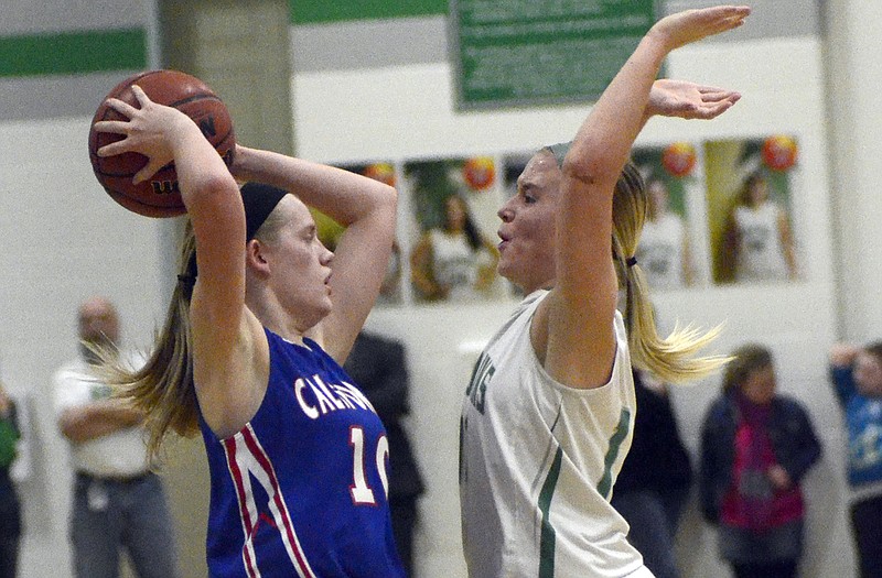Meleigha Caudel of California and Sara Jones of Blair Oaks nearly go nose-to-nose during last Thursday's game in Warsville. Blair Oaks is the No. 1 seed in this week's Class 3 District 8 Tournament in Ashland, one spot ahead of California.
