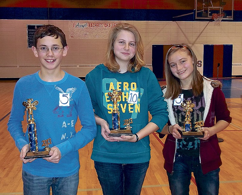 Photo submitted
Winners of the California Middle School Spelling Bee held Wednesday, Feb. 13, from left, are eighth grader Trevor Hall, first place; sixth grader Cheyanne Harper, second place; and seventh grader Mercede Nations, third place. Each received a trophy provided by Creative Awards. Hall will represent CMS at the Regional Scripps Spelling Bee March 6 at Columbia.