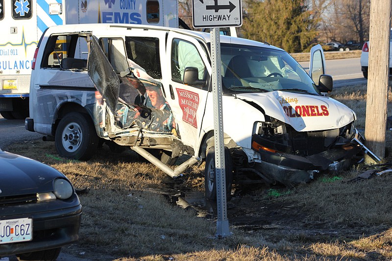 This Missouri Military Academy van was one of two vehicles involved in an accident at U.S. 54 and County Road 148 Tuesday afternoon that sent at least eight people to University Hospital in Columbia. The MMA Boys Basketball team was on its way to district tournament games at North Callaway High School.
