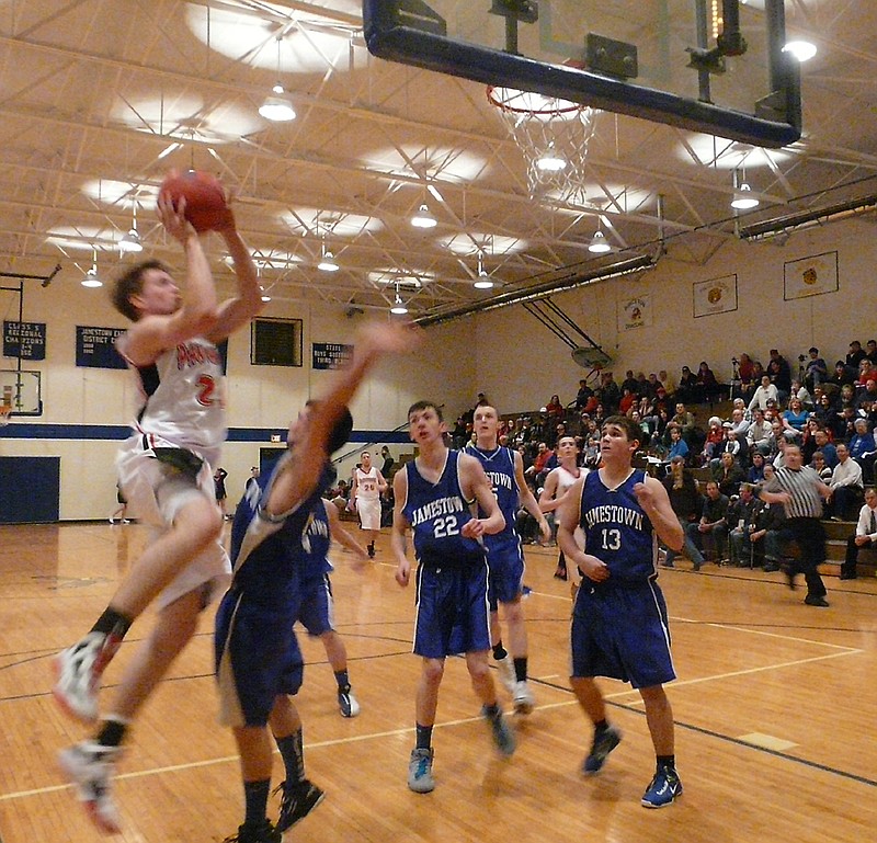 Prairie Home's Trevor Huth goes up for two points during the Class 1, District 9 tournament game against Jamestown.  