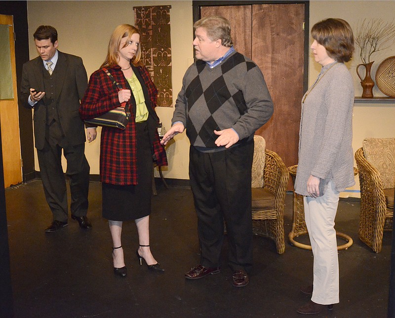 Key players in the one act play "God of Carnage" include, from left- Tom Baker, Megan Wadley, Keith Enloe, and Gina Connor. The play will be presented by Scene One Theater on Feb. 28, and March 1-2. 