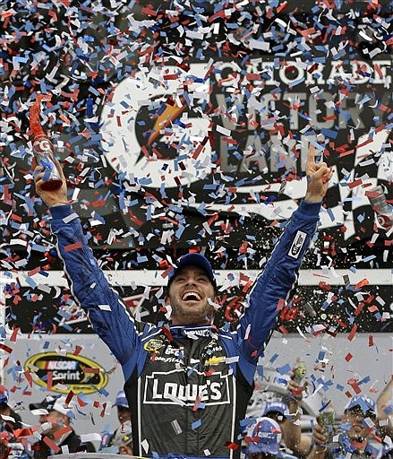 Jimmie Johnson celebrates Sunday after winning the Daytona 500 at Daytona International Speedway in Daytona Beach, Fla.