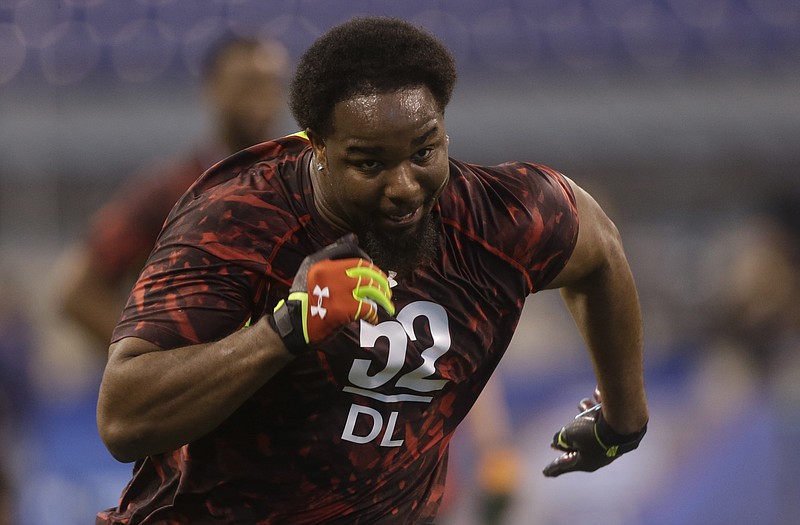 Sylvester Williams, a former Jefferson City Jay who played collegiately at North Carolina, runs a drill Monday during the NFL combine in Indianapolis. Williams is projected by some to be a first-round draft pick in April.