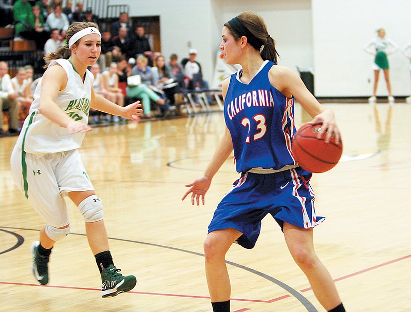 California's Kamryn Koetting (23) works her way around Blair Oaks' Lee Ann Polowy during the district championship game Sunday at Ashland.