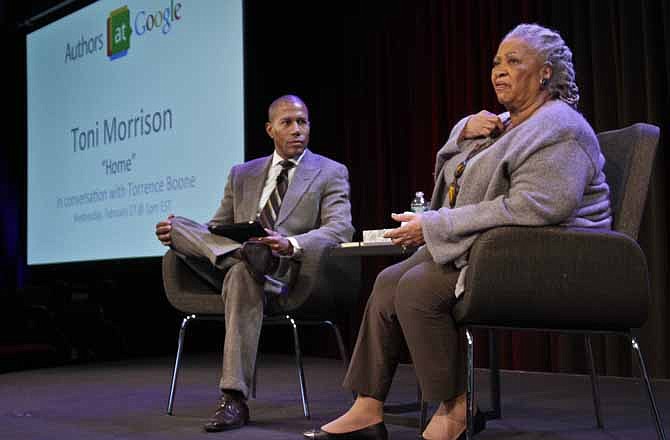 Author Toni Morrison, right, speaks during an interview about her latest book "Home," with host Torrence Boone during Google's online series, "Authors At Google," on Wednesday, Feb. 27, 2013 in New York. 