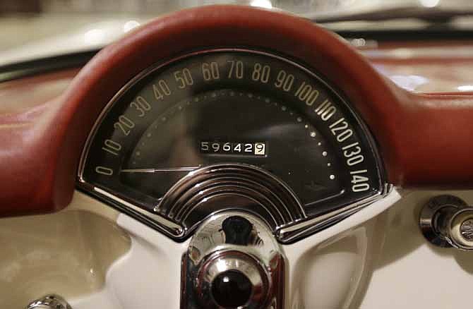 The speedometer of a 1953 Corvette is seen at the GM Heritage Center in Sterling Heights, Mich. Although current cars with high-horsepower engines can come close to the top speedometer speeds, most are limited by engine control computers. That's because the tires can overheat and fail at higher speeds.