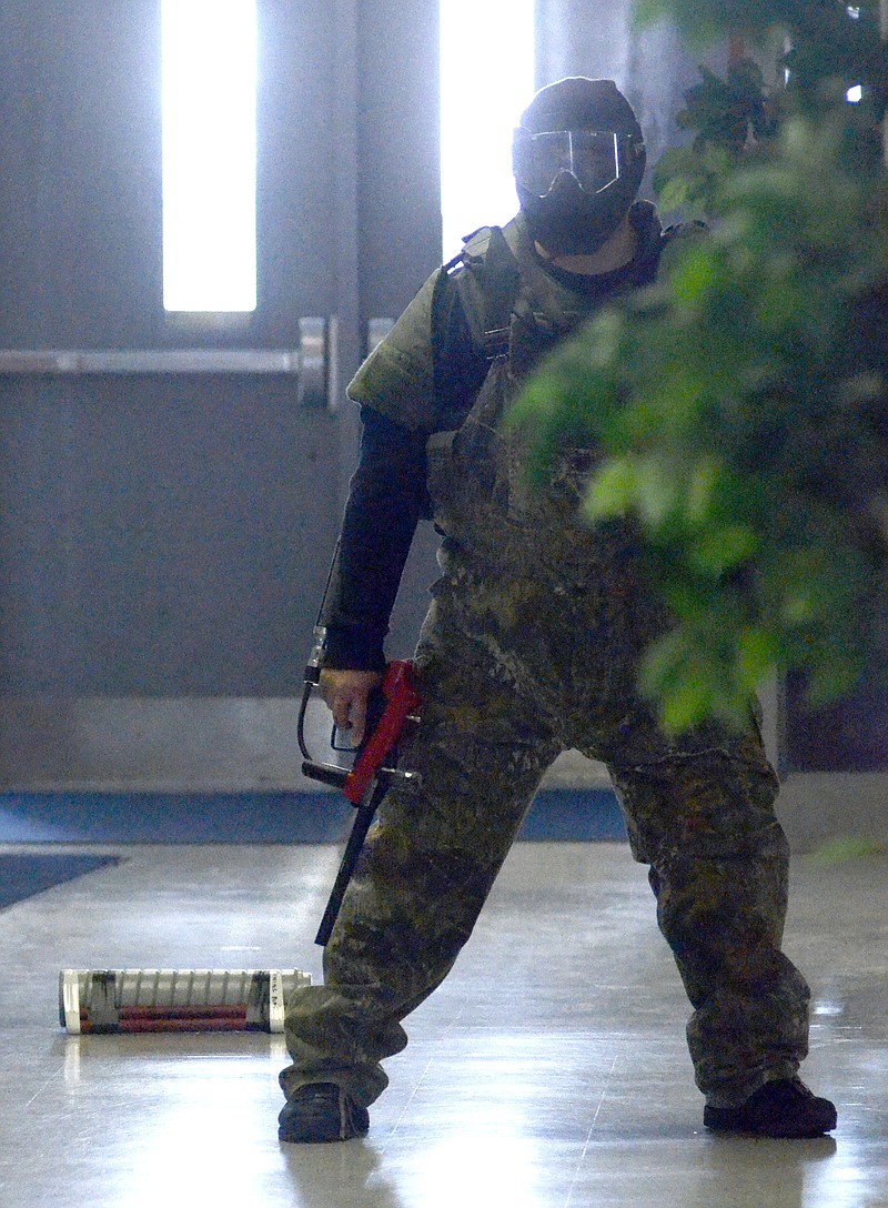 Cole County R-I School Resource Officer Joey Matherne portrayed an armed intruder Saturday during Cole County Sheriff's Department training. The training also helped familiarize county deputies with the Russellville facilities in case of an event, noted Superintendent Jerry Hobbs. The department recently presented information to faculty and staff regarding active shooter. News Tribune photo/Shaun Zimmerman