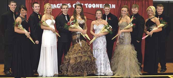 Cole County R-5 Schools named its homecoming court recently. They include, from left: Morgan Koetting, Ryan Doerhoff, Kaylee Berendzen, Cody Martin, 2012 Homecoming King CJ O'Brien, 2012 Homecoming Queen Olivia Rush, 2013 Homecoming King Sam Beck, 2013 Homecoming Queen Kayla Adrian, first runner-up Kayla Schulte, first runner-up Jimmy Buechter, Brad Kempker, Kenzie Blythe, Paul Rehagen, Kassie Morrow, 2012 Winter Ball Prince Brent Adrian and 2012 Winter Ball Princess Nicole Koetting. 