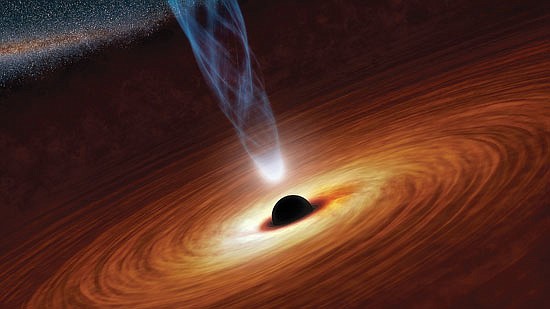 This illustration released by NASA, shows a supermassive black hole in the nearby spiral galaxy NGC 1365. A study published in the journal Nature calculated the spin rate of the black hole and found it's rotating close to the speed of light. 
