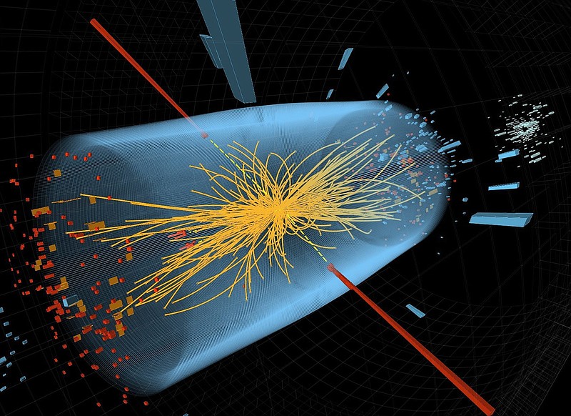 This undated image made available by CERN shows a typical candidate event in the search for the Higgs boson, including two high-energy photons whose energy is measured in the CMS electromagnetic calorimeter. The European Organization for Nuclear Research, CERN, said Thursday, a look at all the data from 2012 shows that what it found last year was a version of what is popularly referred to as the "God particle." 