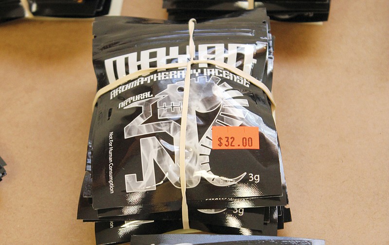 Law enforcement agencies in Callaway County and throughout the state say that the designer drug synthetic cannabinoids, such as these brand-name packages siezed from G.I. Joe Gun and Pawn in Fulton during a search in December, are becoming a more widespread problem. Police say the chemists involved in manufacturing these drugs often tweak chemicals to avoid positive test results, and many vendors are selling them under the assumption that they are legal.