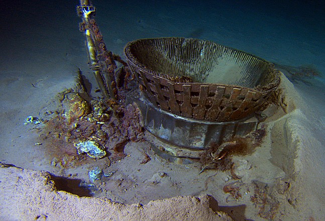 This image provided by Bezos Expeditions shows the thrust chamber of an Apollo F-1 engine on the bottom of the Atlantic Ocean. An expedition led by Amazon CEO Jeff Bezos pulled up two rocket engines, including this one, that helped boost Apollo astronauts to the moon. 