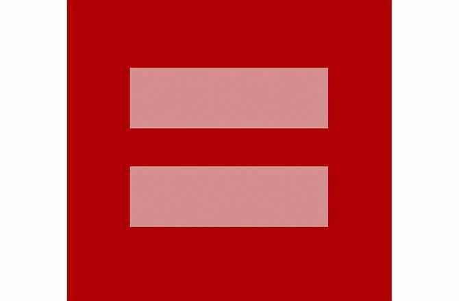 This image released by the Human Rights Campaign shows a redesign of their logo. A square box with thick pink horizontal lines (the mathematical equal symbol) was offered for sharing this week by the Human Rights Campaign as the U.S. Supreme Court took up arguments in key marriage rights cases. The image, replacing profile pictures on Facebook, Twitter, Instagram, Tumblr, Pinterest and elsewhere, is a makeover of the advocacy group's logo, usually a blue background with bright yellow lines. 