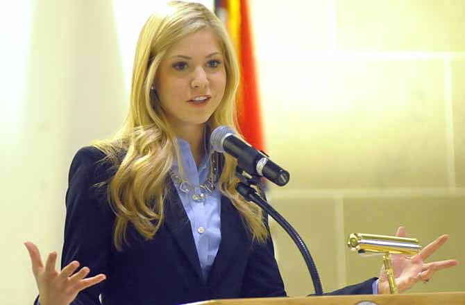 Former Miss America 2008, Kirsten Haglund, spoke to supporters gathered at the Missouri Capitol building in Jefferson City on Thursday. An eating disorder survivor, she travels the country speaking about eating disorder awareness and the need for insurance reform to get better coverage for the treatment of such disorders.