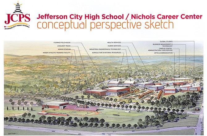 An artist's rendering shows the plans for a new Jefferson City High School. Voters will decide two ballot proposals Tuesday that could clear the way for the project to advance.
