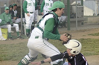 Blair Oaks catcher Daniel Castillo tags out Southern Boone's Hayden Salmons at the plate to end the top of the fifth inning.
