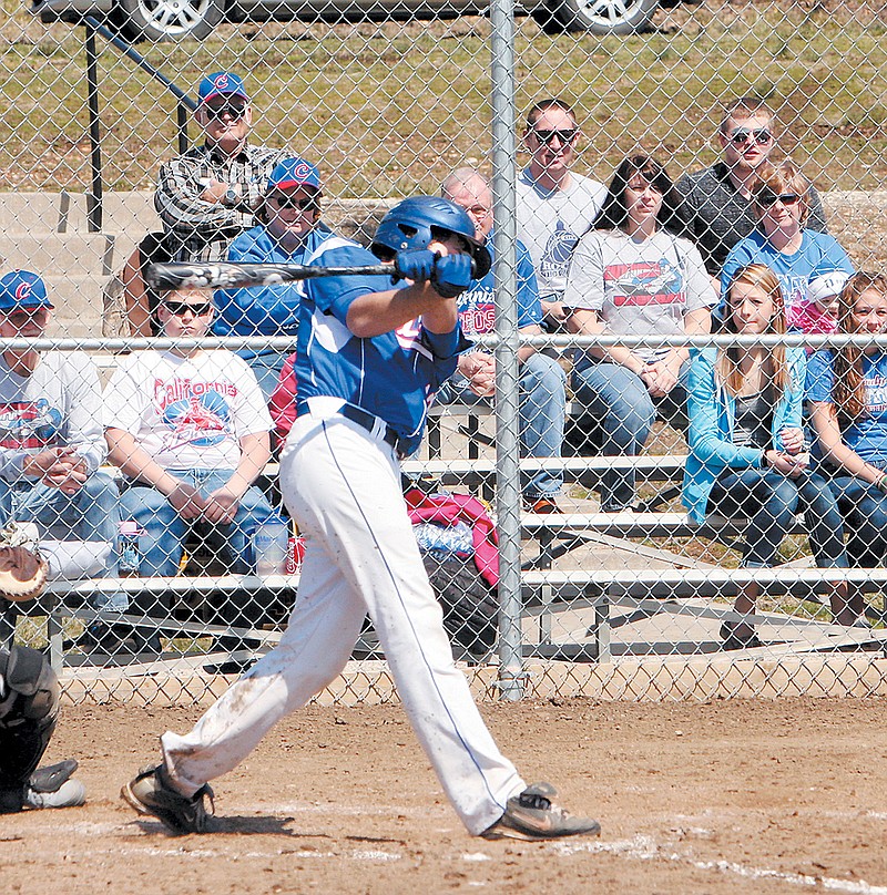 California's Zach Holliday rips off a hit, which was unfortunately caught, during the third inning of the varsity game against Mexico Saturday.