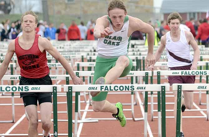 Chase Duren of Blair Oaks competes in the 110-meter hurdles Saturday at the Blair Oaks Relays in Wardsville. 