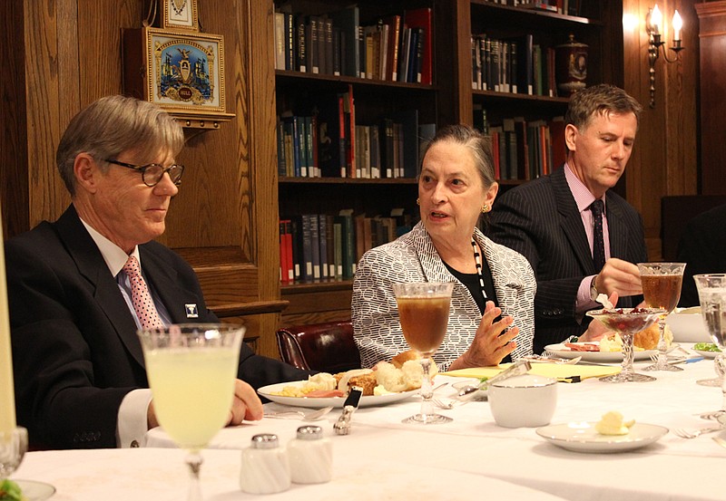Westminster College President Barney Forsythe, Churchill author Cita Stelzer and National Churchill Museum Executive Director Rob Havers sit down Wednesday to the same meal Winston Churchill was served at the college before giving his famous Sinews of Peace speech. Stelzer visited the college to promote her new book "Dinner With Churchill: Policy-Making at the Dinner Table."