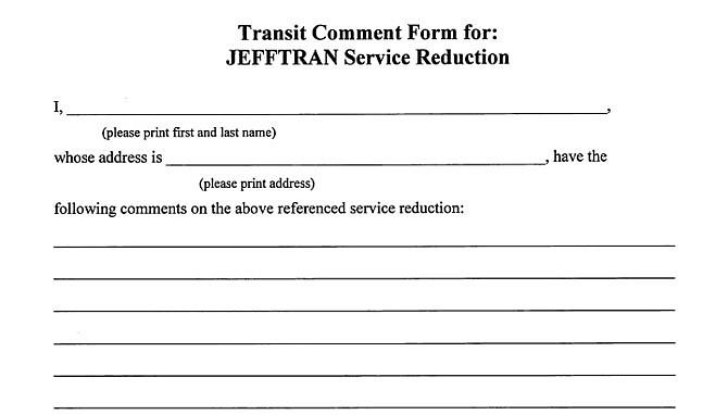 Public comments can be submitted to the Jefferson City Council about the proposed transit cuts by submitting a form (screenshot above) to City Hall, 320 E. McCarty St., in person or by mail. See the accompanying news article to download the form.
