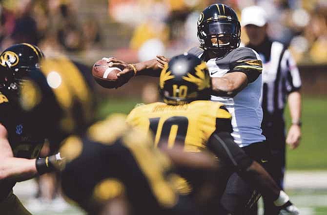 Missouri quarterback James Franklin throws a pass during the Tigers' spring game Saturday in Columbia, Mo.