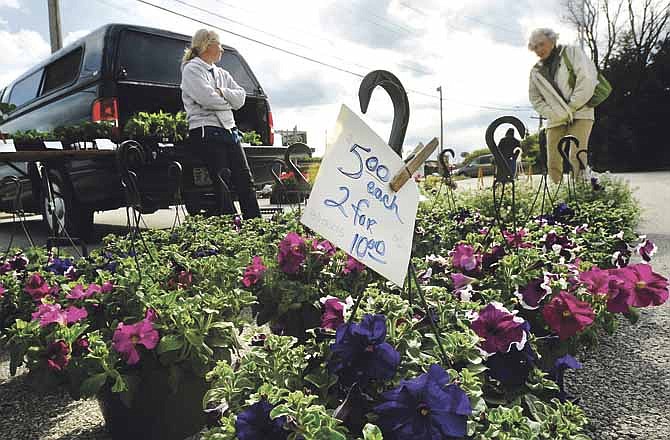 Anne Juegert, right, looks over some of the hanging flower baskets for sale by Linda Skelly, left, during the opening day of the Cole County farmers' market in the Kmart parking lot in Jefferson City last Friday. 