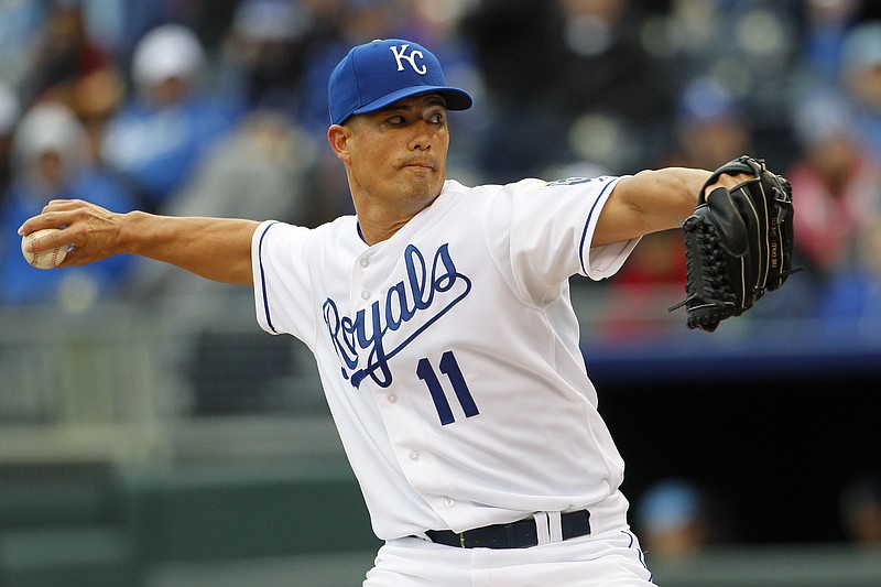 Kansas City Royals pitcher Jeremy Guthrie pitches to a batter in the first inning of a baseball game against the Chicago White Sox at Kauffman Stadium in Kansas City, Mo., Saturday, May 4, 2013.